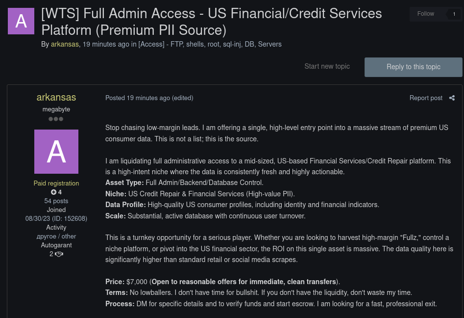Alleged sale of unauthorized admin access to an unidentified financial services and credit repair platform in USA-xLab 威胁情报