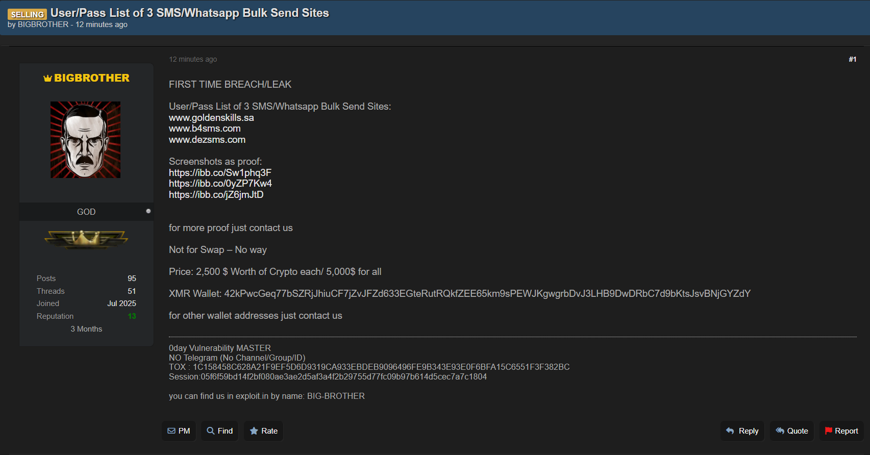 涉嫌出售来自多个短信/WhatsApp平台的user和密码列表-xLab 威胁情报