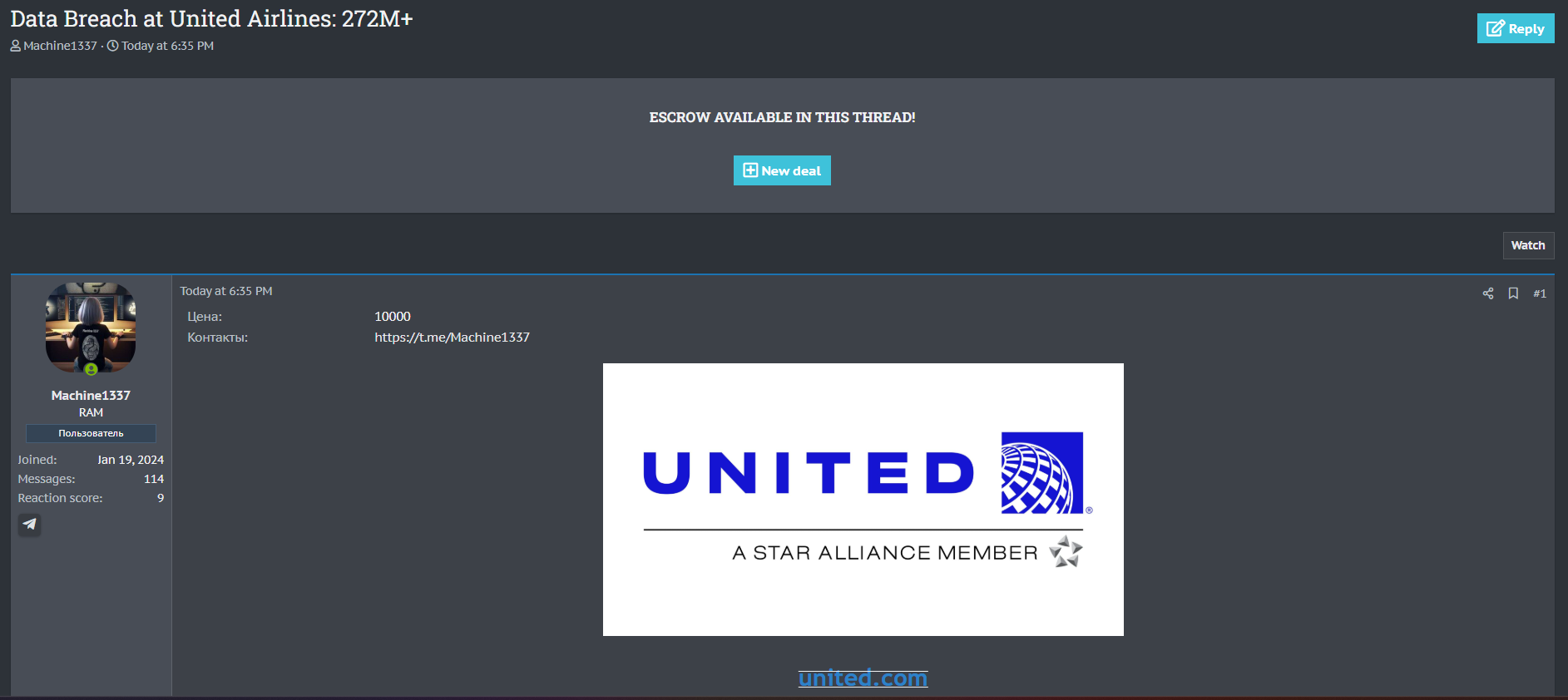 联合航空涉嫌数据外泄-xLab 威胁情报