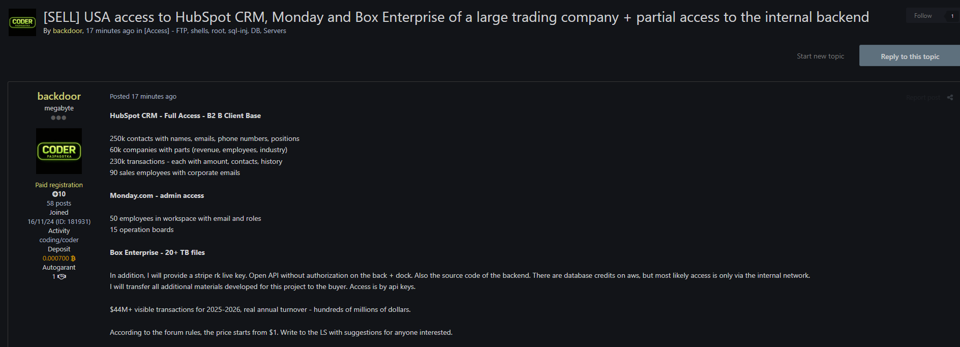 Alleged Sale of Unauthorized Access to a Large Trading Company's-xLab 威胁情报