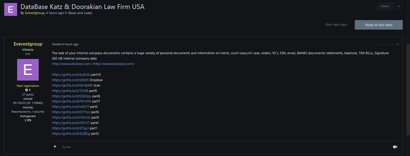 Katz&Doorkian律师事务所涉嫌数据泄露-xLab 威胁情报