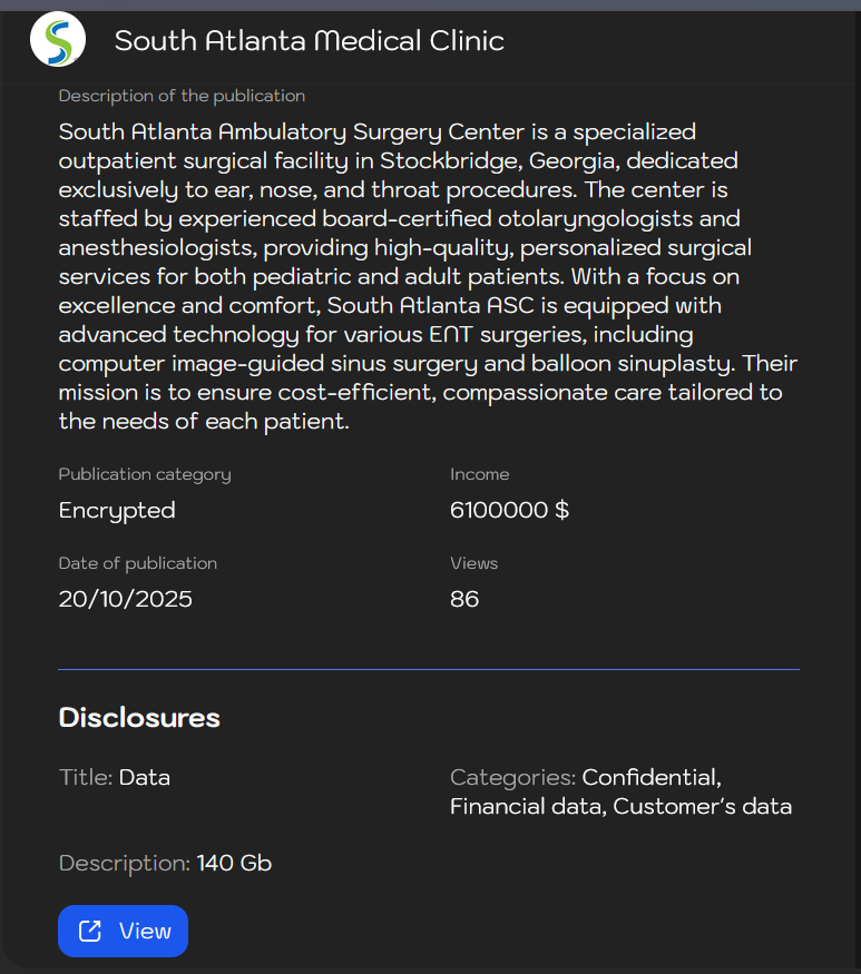 South亚特兰大医疗诊所成为Sinobi勒索软件的受害者-xLab 威胁情报
