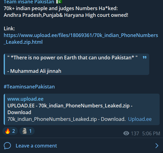 涉嫌数据泄露涉及印度公民和高等法院法官的电话号码。-xLab 威胁情报