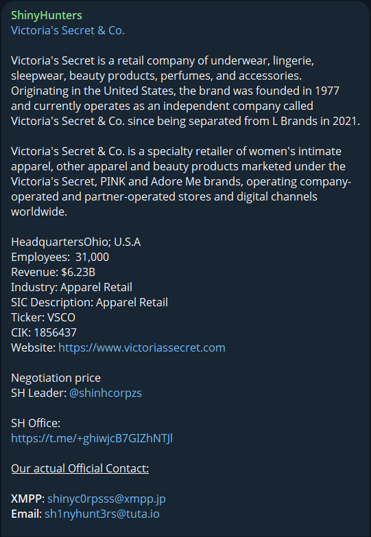Alleged data breach of Victoria’s Secret & Co-xLab 威胁情报