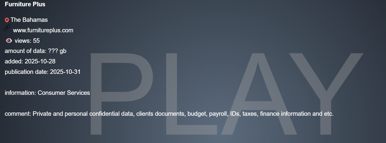 Furniture Plus成为PLAY勒索软件的受害者-xLab 威胁情报