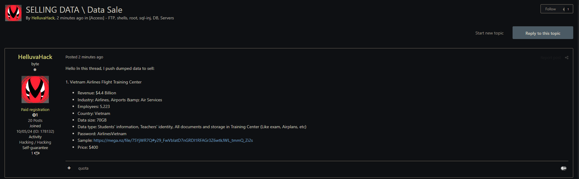 涉嫌出售越南航空飞行训练中心的数据-xLab 威胁情报