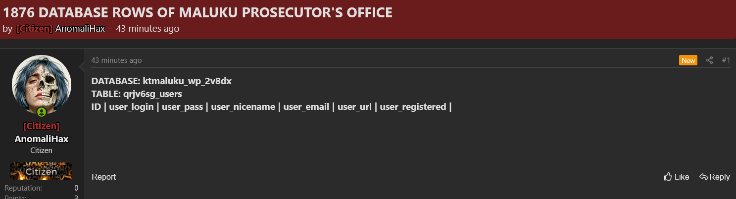 Alleged data breach of Kejaksaan Tinggi Maluku-xLab 威胁情报
