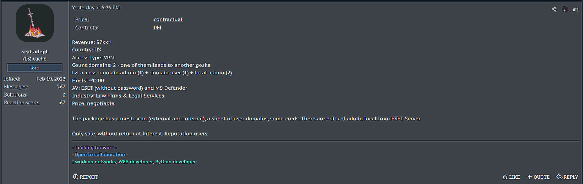 涉嫌向美国一家身份不明的律师事务所出售VPN接入。-xLab 威胁情报