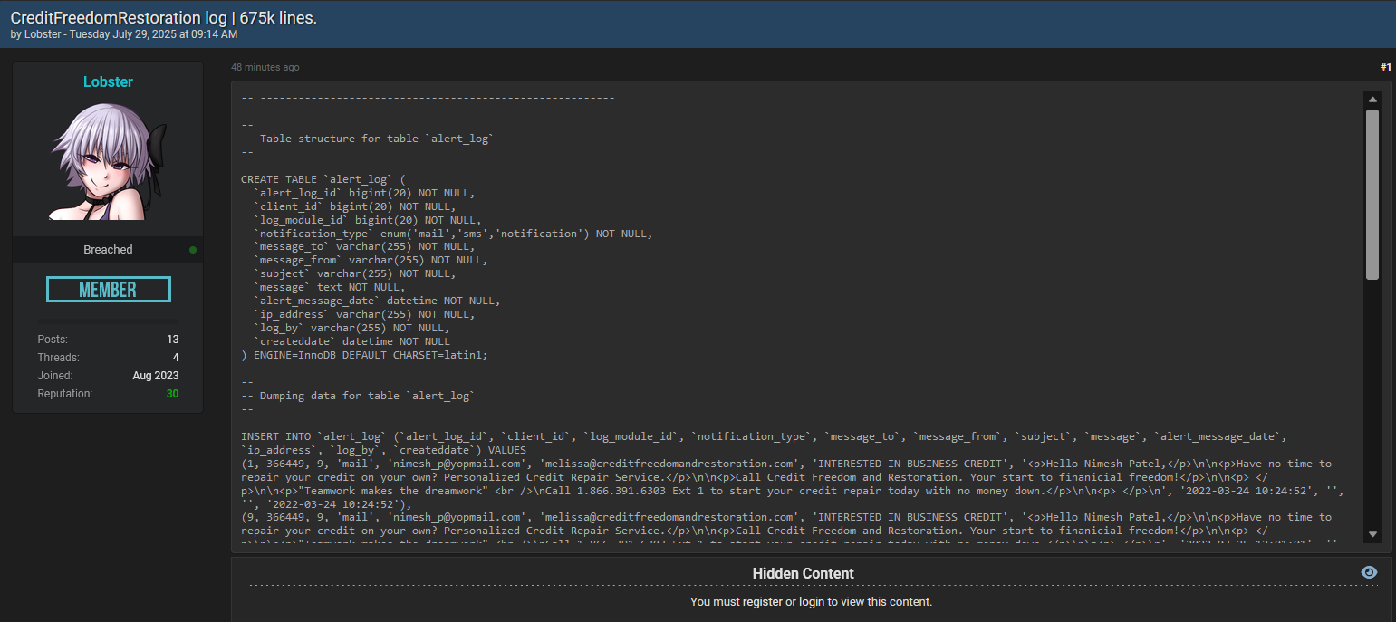 Corp信用自由与恢复公司涉嫌数据泄露-xLab 威胁情报