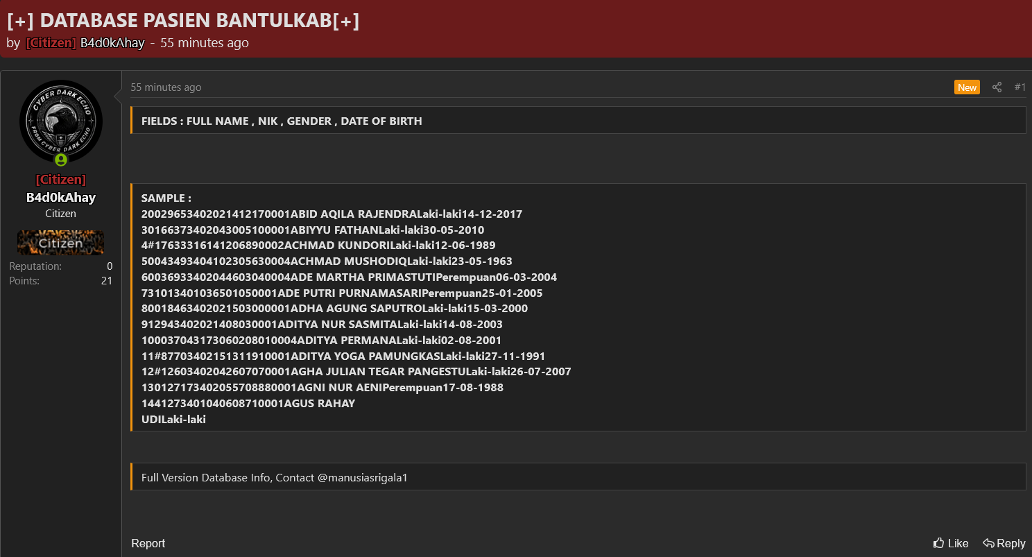 Alleged data breach of Pemerintah Kabupaten Bantul-xLab 威胁情报