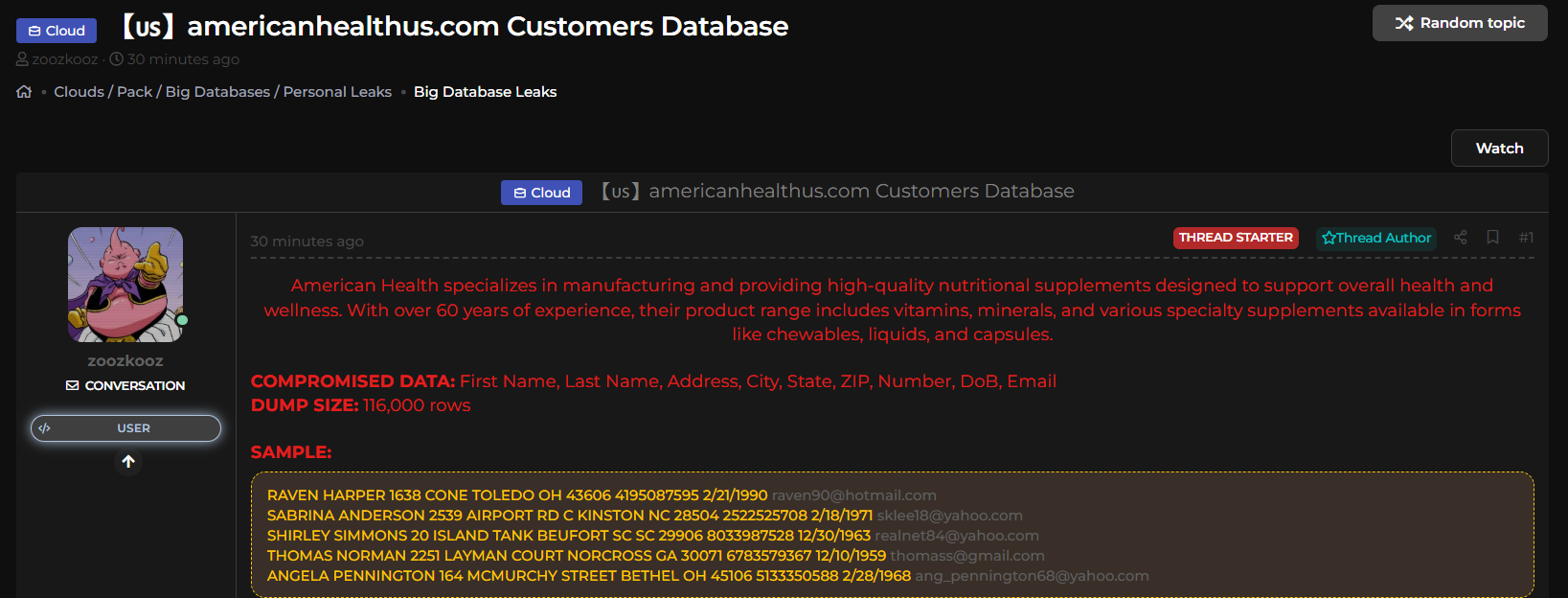 American健康涉嫌数据外泄-xLab 威胁情报
