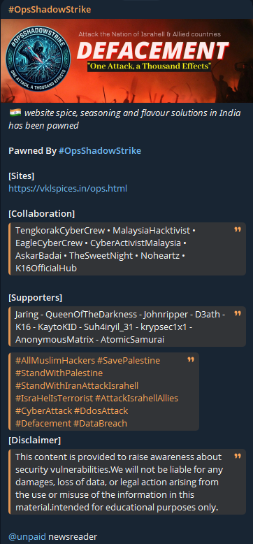 OpsShadowStrike targets the website of VKL Seasoning-xLab 威胁情报