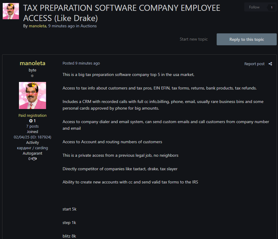 涉嫌向美国一家身份不明的税务组织出售未经授权的访问权限-xLab 威胁情报