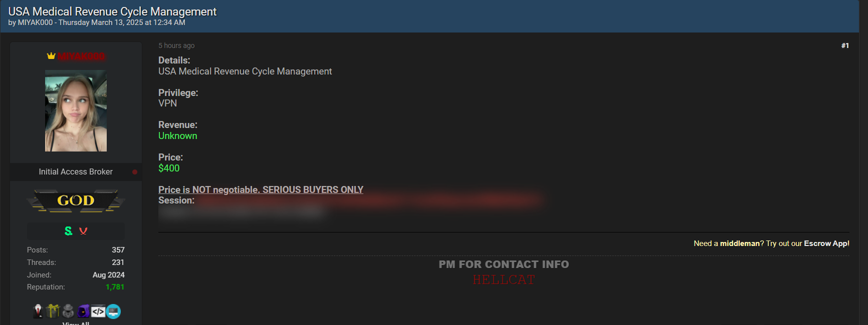 涉嫌向Unidentified美国医疗收入周期管理公司出售VPN访问权限-xLab 威胁情报