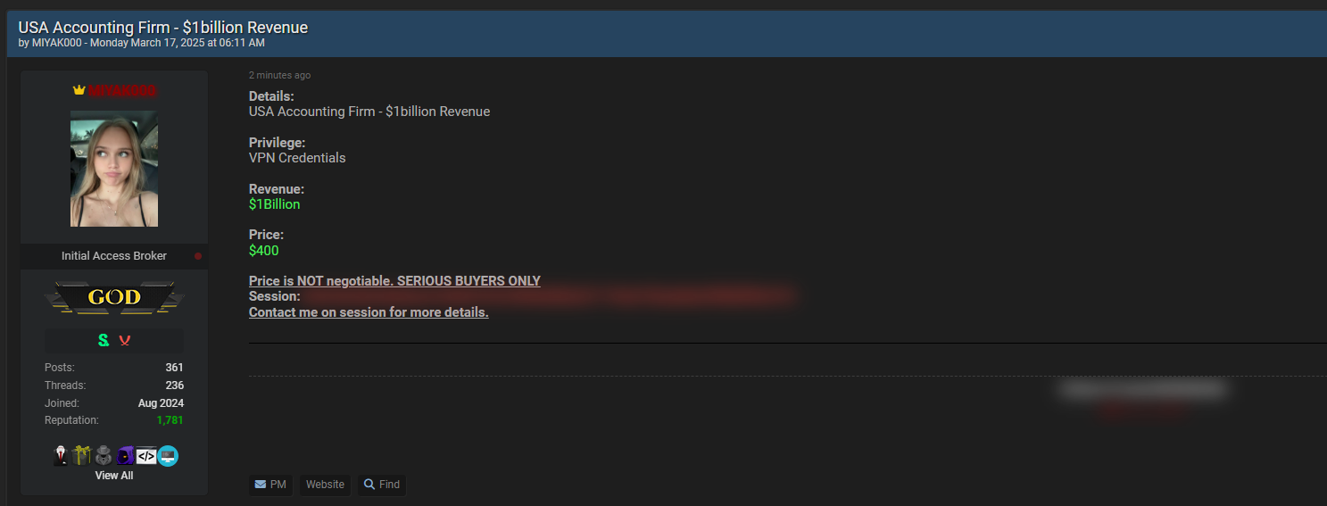 涉嫌向一家身份不明的美国会计师事务所出售访问权限-xLab 威胁情报