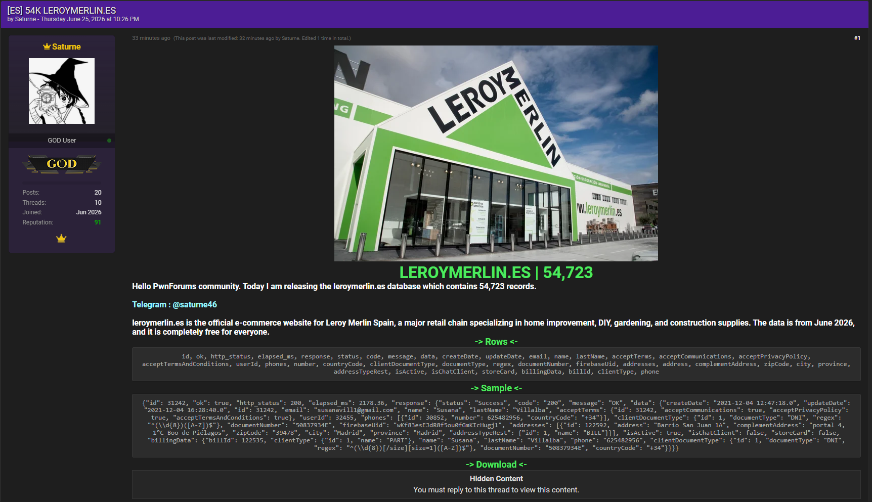 Alleged data breach of Leroy Merlin Espana-xLab 威胁情报
