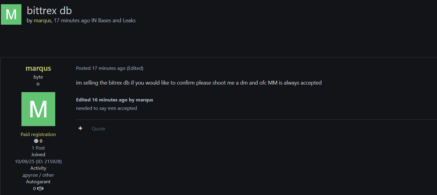 涉嫌出售Bittrex数据库-xLab 威胁情报