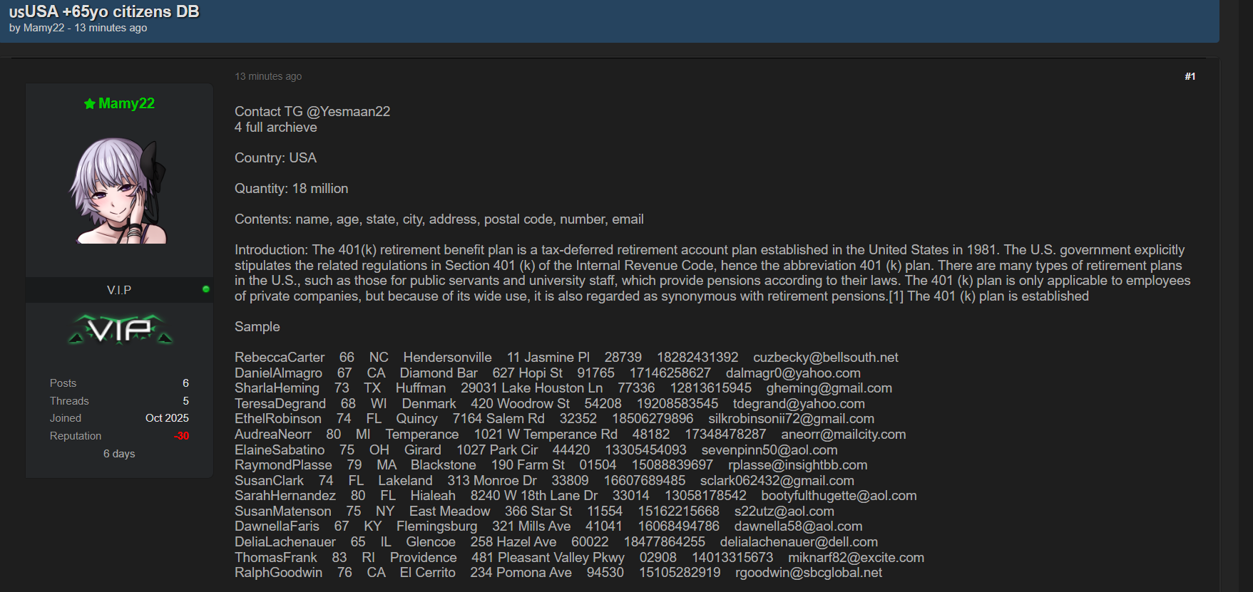 涉嫌出售65岁及以上美国公民数据库-xLab 威胁情报