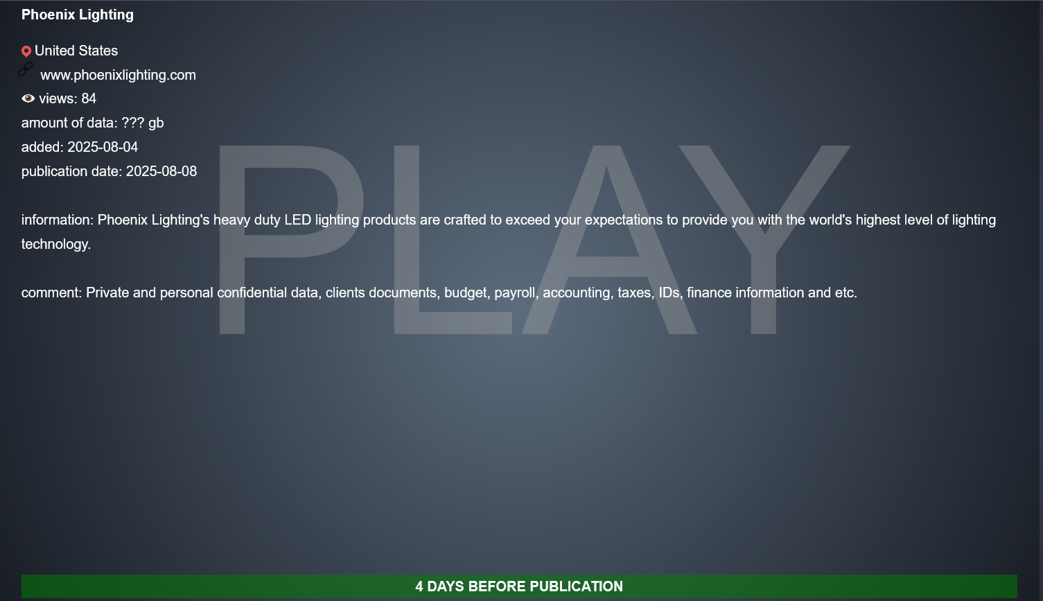 Phoenix照明成为PLAY勒索软件的受害者-xLab 威胁情报