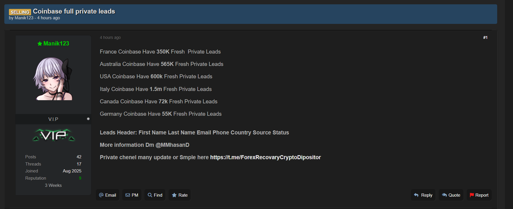 涉嫌出售来自多个国家的Coinbase私人线索-xLab 威胁情报