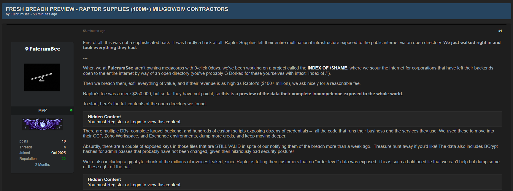 Raptor Supplies Ltd涉嫌数据外泄-xLab 威胁情报