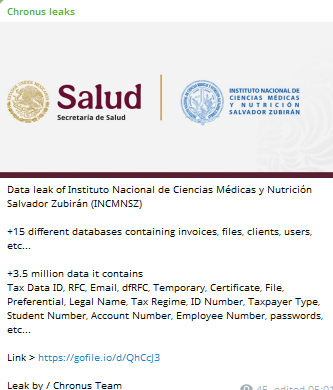 Alleged data leak of Instituto Nacional de Ciencias Médicas y Nutrición Salvador Zubirán-xLab 威胁情报