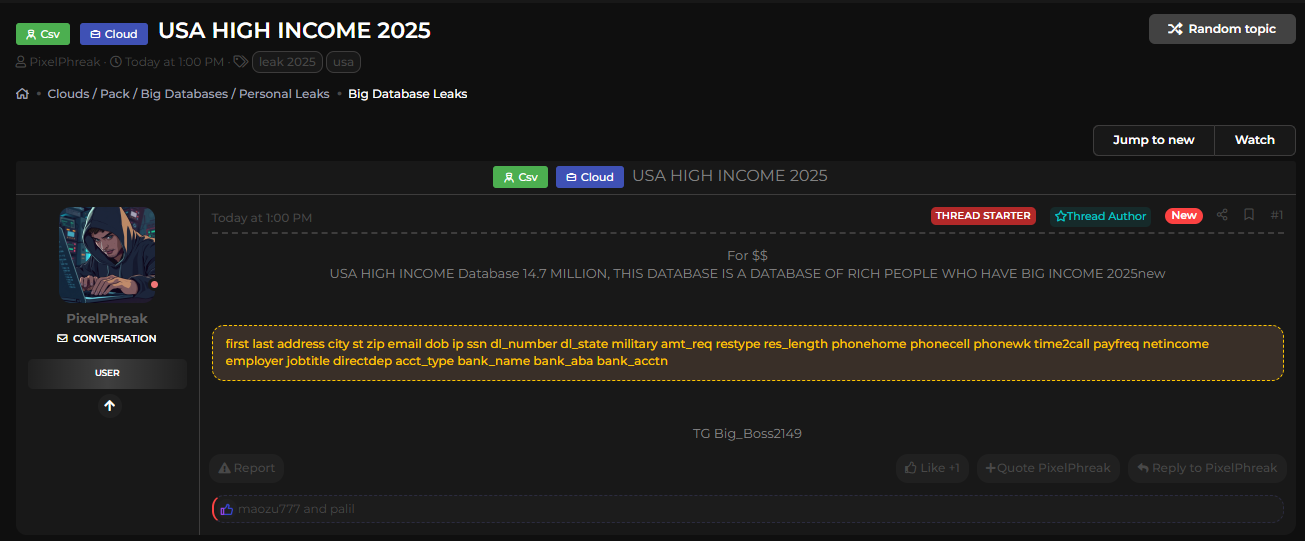 涉嫌出售美国高收入个人数据库-xLab 威胁情报