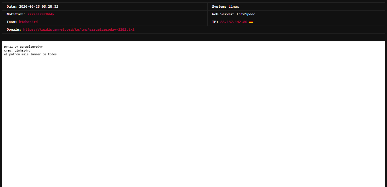 zraelzer0d4y targets the website of Kurdistan Net-xLab 威胁情报