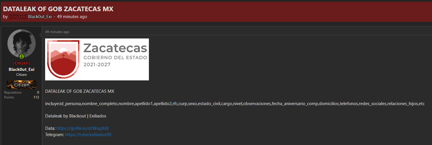 Alleged leak of Zacatecas State Government database-xLab 威胁情报