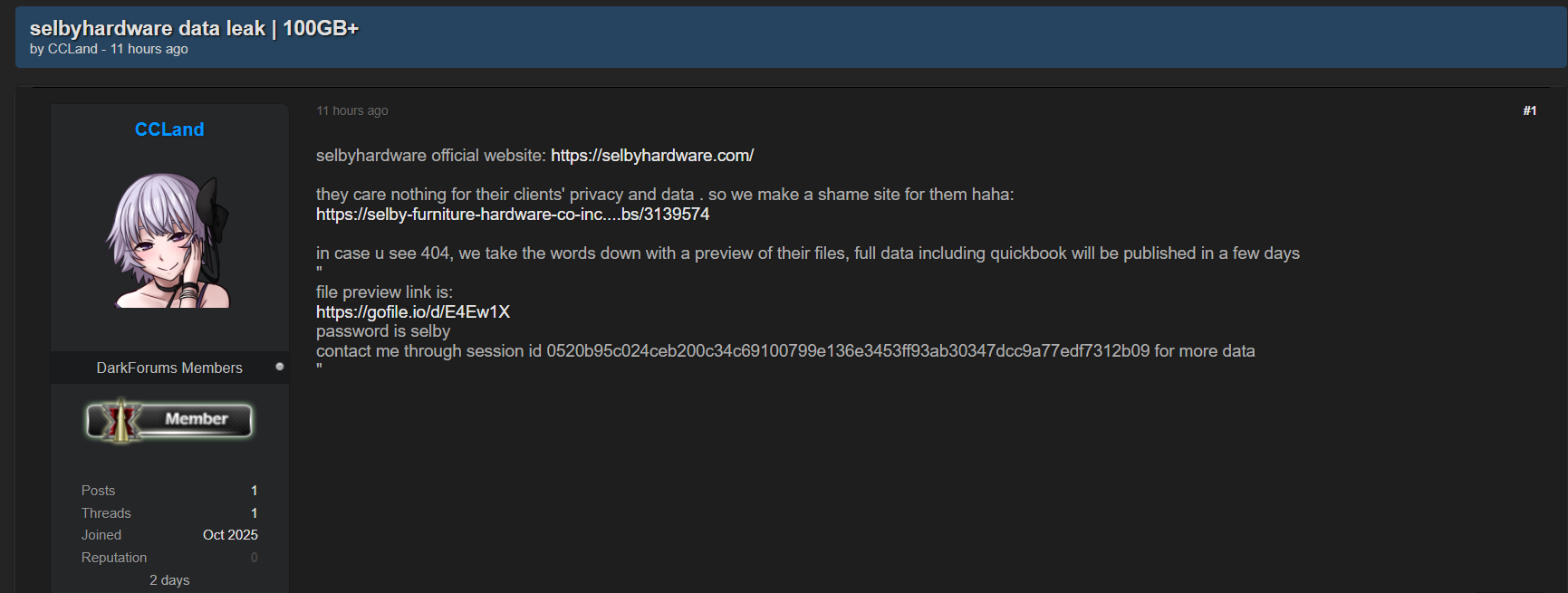 Selby Furniture Hardware涉嫌数据外泄-xLab 威胁情报