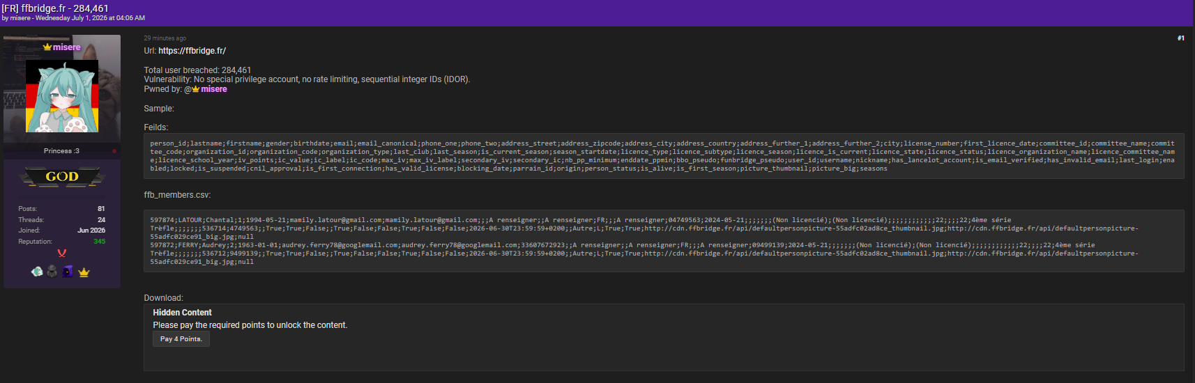 Alleged data breach of French Bridge Federation-xLab 威胁情报