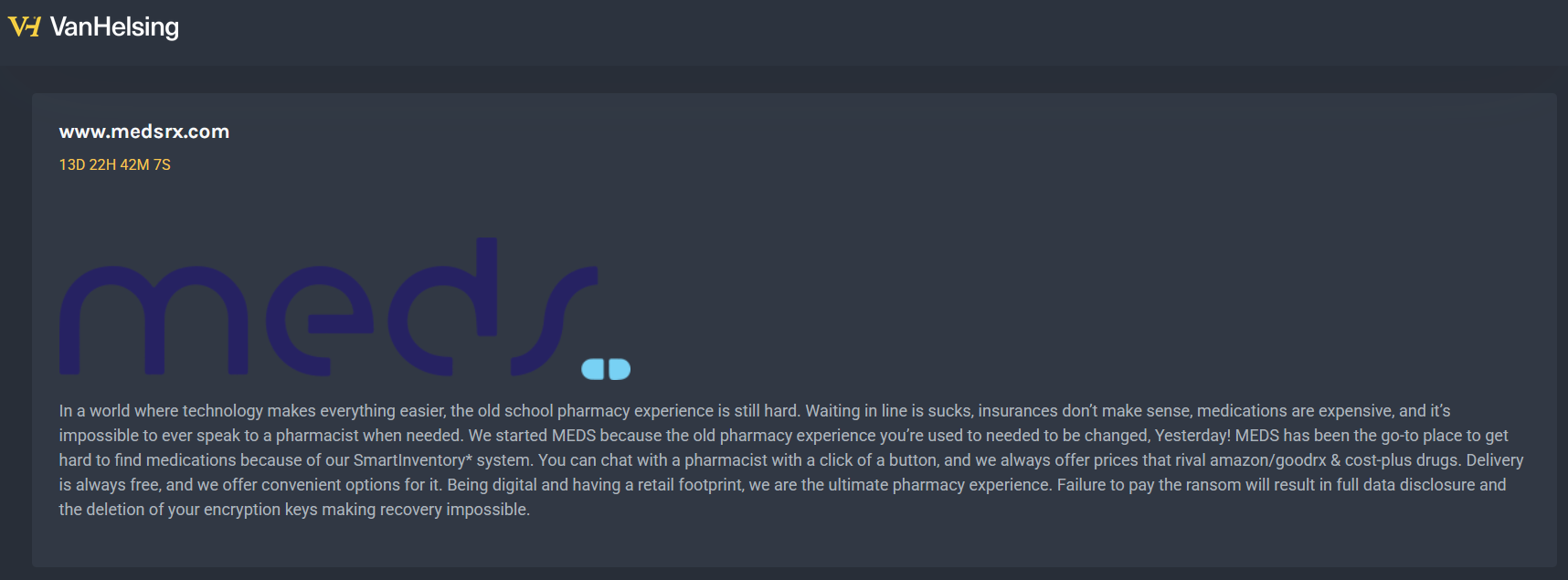 MEDS Pharmacy成为VanHelsing勒索软件的受害者-xLab 威胁情报