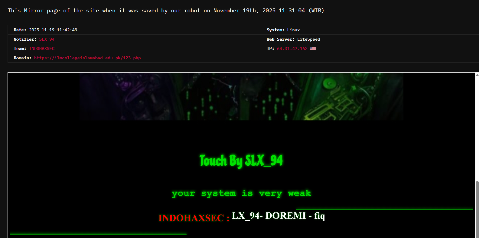 INDOHAXSEC针对伊斯兰堡ILM学院网站-xLab 威胁情报