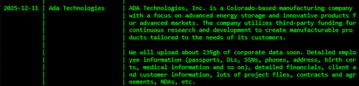 ADA技术公司和Inc.成为akira勒索软件的受害者-xLab 威胁情报