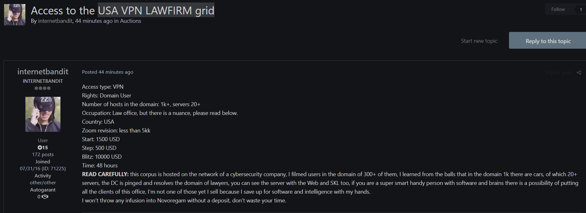 涉嫌出售身份不明的美国律师事务所的访问权-xLab 威胁情报