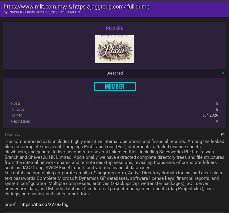 Alleged data breach of JAG Corporate Services Sdn Bhd-xLab 威胁情报