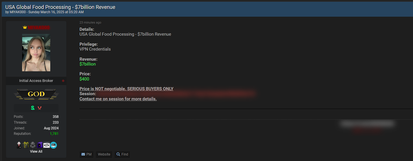 涉嫌向一家身份不明的美国全球食品加工公司出售access-xLab 威胁情报