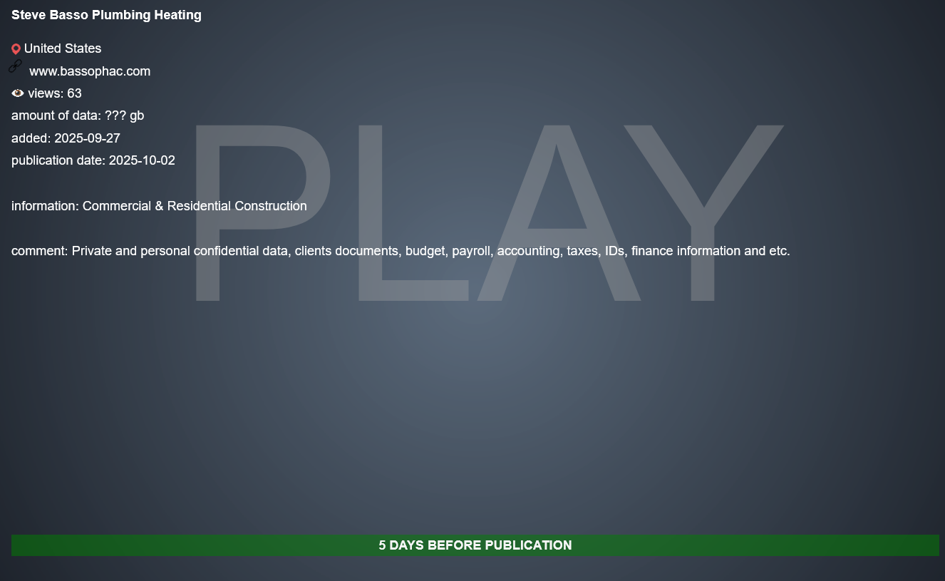 Steve Basso Plumbing Heating&A/C LLC成为PLAY勒索软件的受害者-xLab 威胁情报