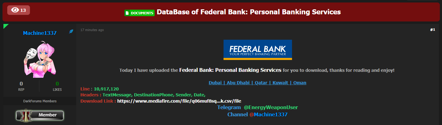涉嫌数据泄露Federal银行个人银行服务-xLab 威胁情报