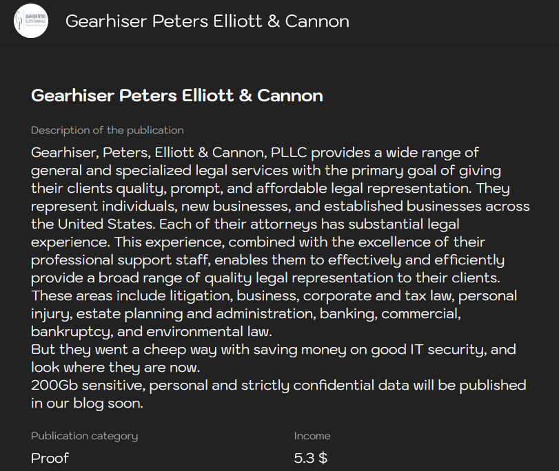 Gearhiser、Peters、Elliott&Cannon、PLLC成为LYNX勒索软件的受害者-xLab 威胁情报