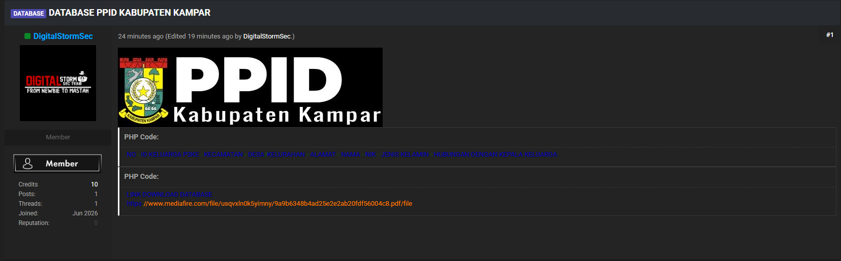 Alleged data breach of PPID Kabupaten Kampar-xLab 威胁情报