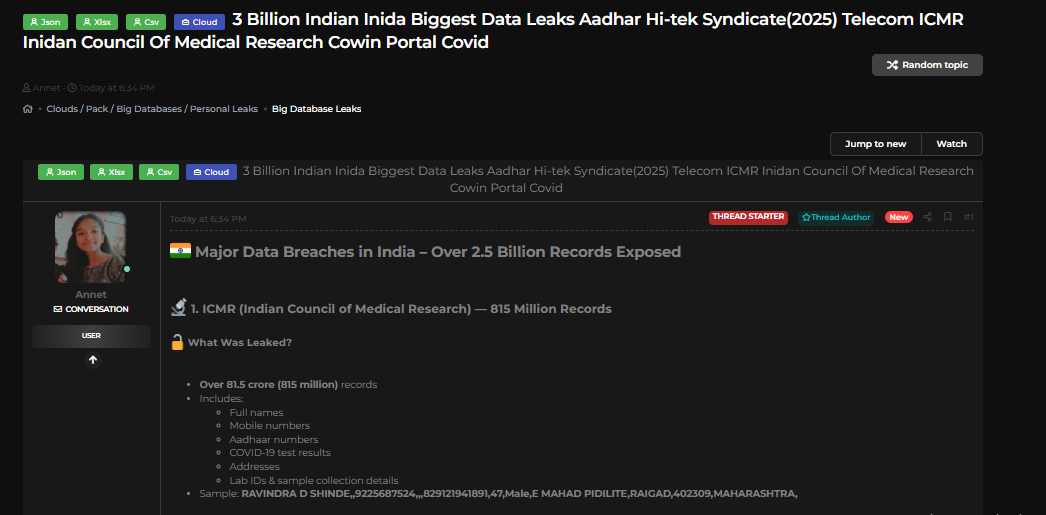 据称与Aadhaar、ICMR、CoWIN和电信数据相关的30亿条印度记录被泄露-xLab 威胁情报