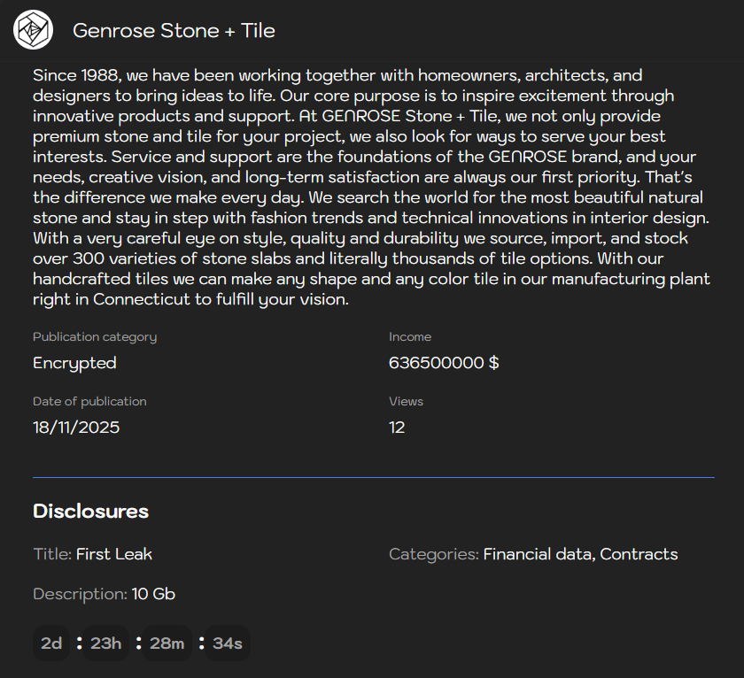 GENROSE Stone+Tile成为Sinobi勒索软件的受害者-xLab 威胁情报