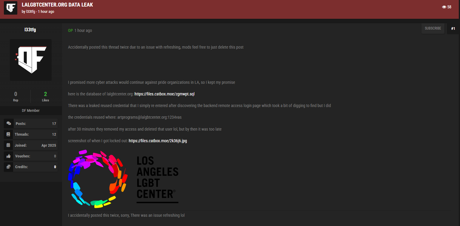 洛杉机LGBT中心涉嫌数据外泄-xLab 威胁情报