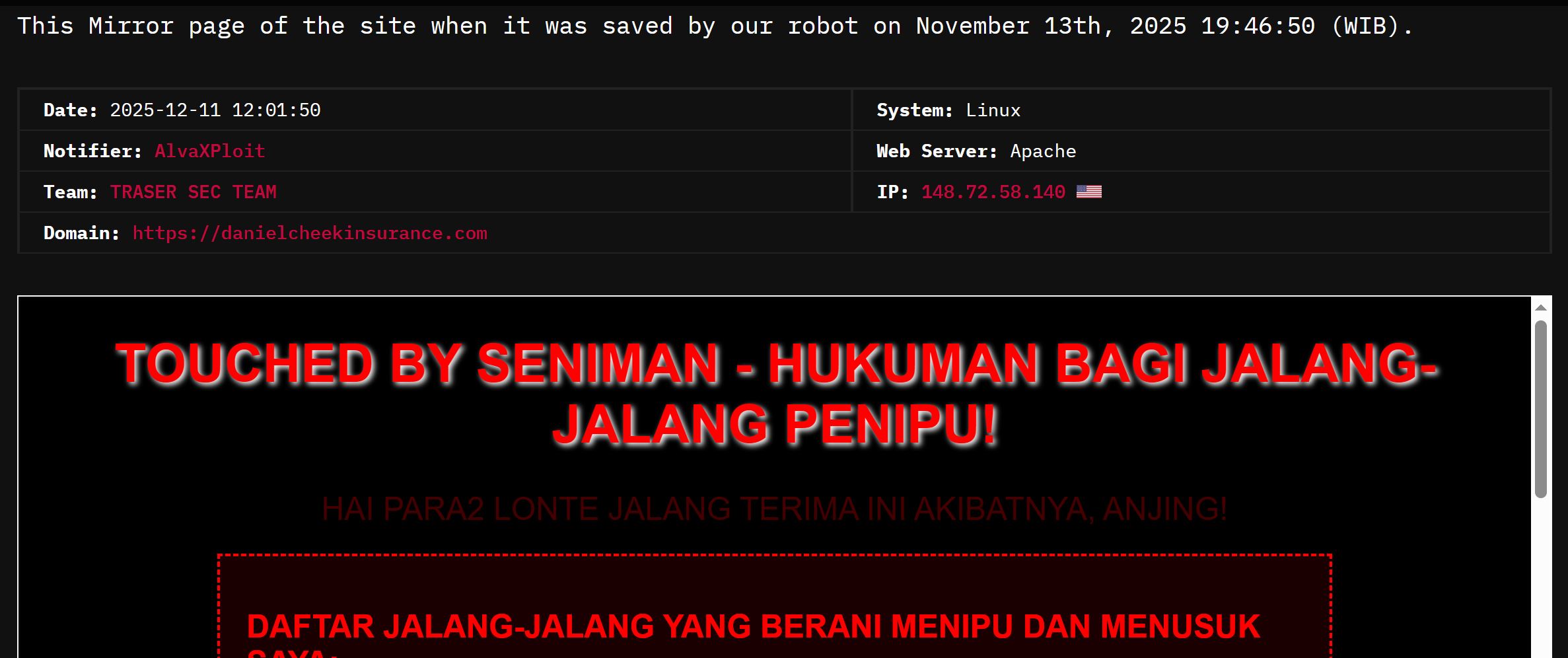 TRASER SEC团队瞄准Daniel·奇克·Insurance的网站-xLab 威胁情报