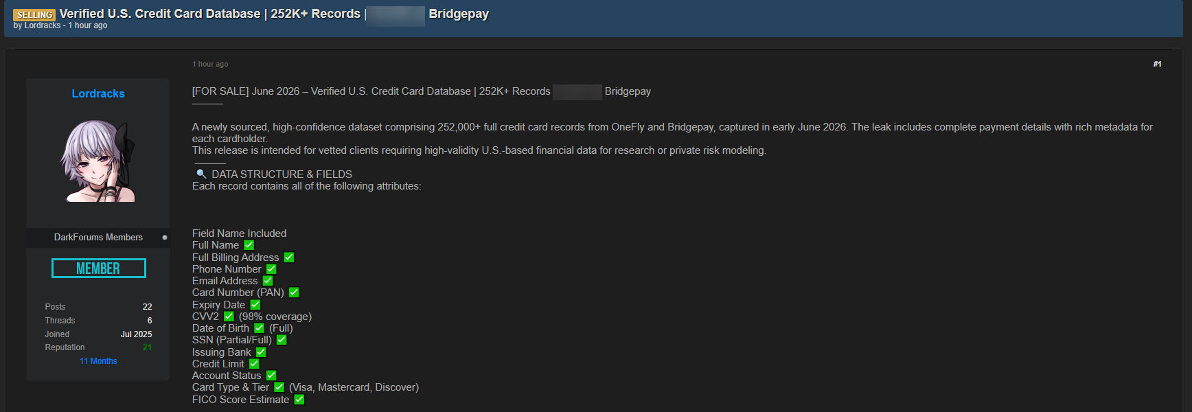Alleged sale of Credit Card Data from Bridgepay-xLab 威胁情报
