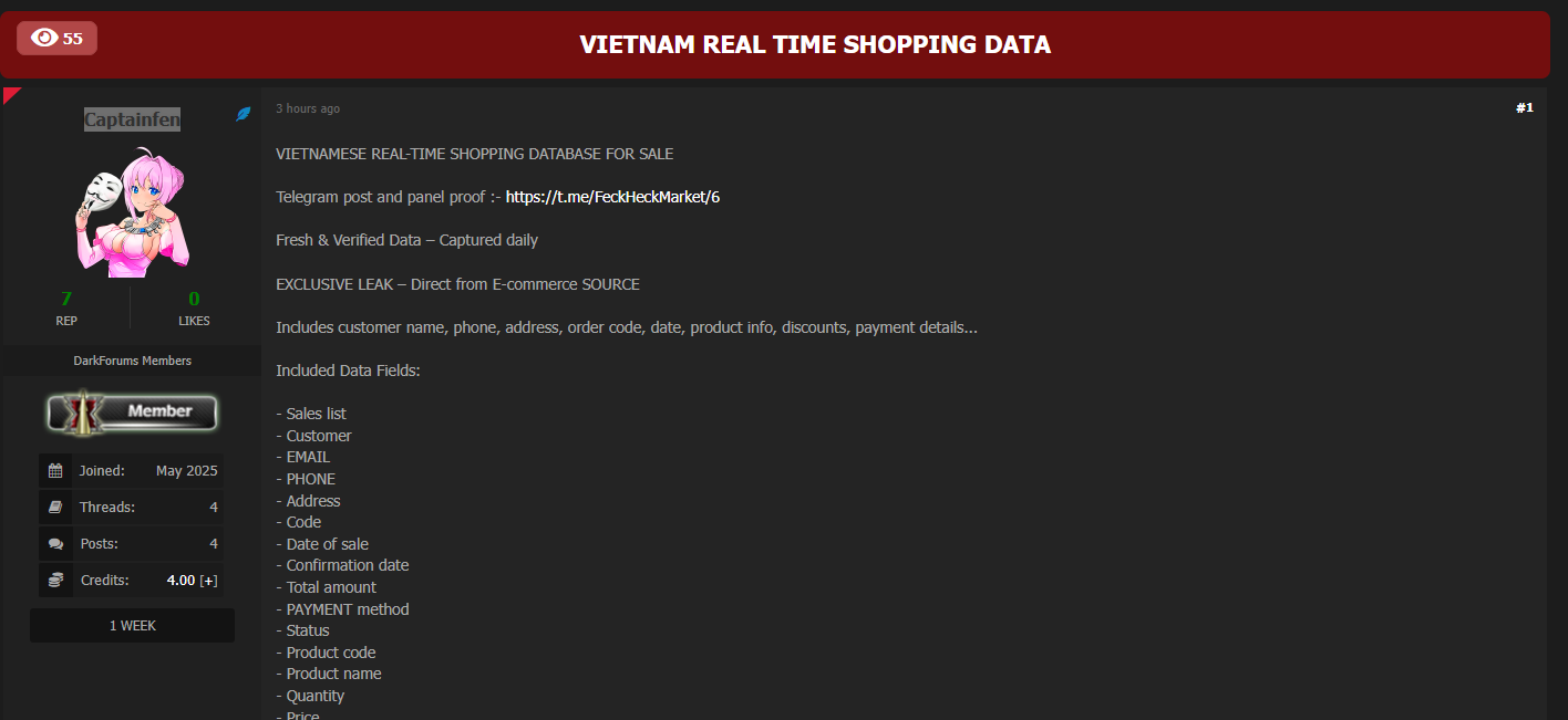 涉嫌出售来自一家身份不明的越南电子商务的数据库-xLab 威胁情报