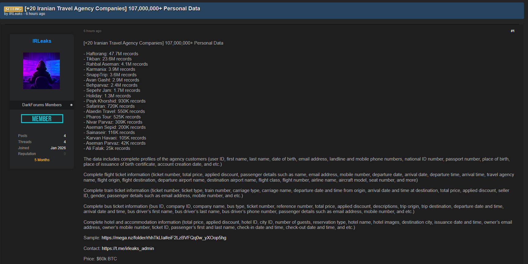 Alleged Sale of Personal Data from Iranian Travel Agencies-xLab 威胁情报