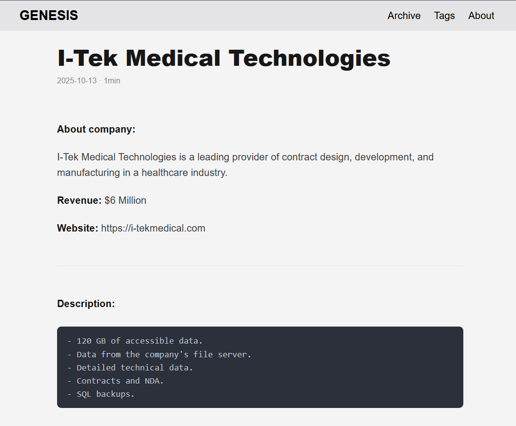 I-Tek Medical成为GENESIS勒索软件的受害者-xLab 威胁情报