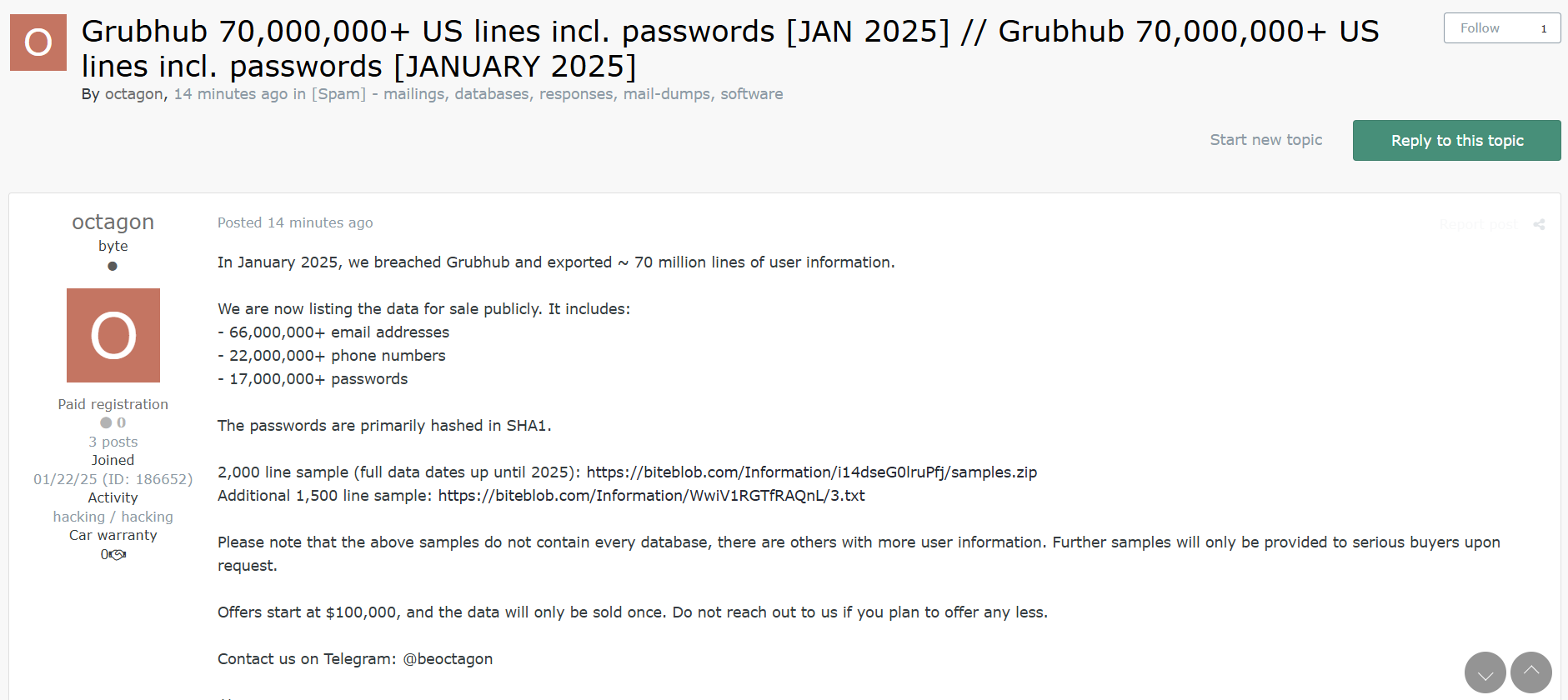 Grubhub涉嫌数据外泄-xLab 威胁情报